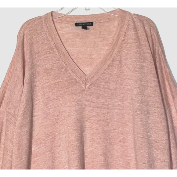 Eileen Fisher 100% Organic Linen Peach Melange V Neck Sweater Tunic Top - Picture 3 of 8